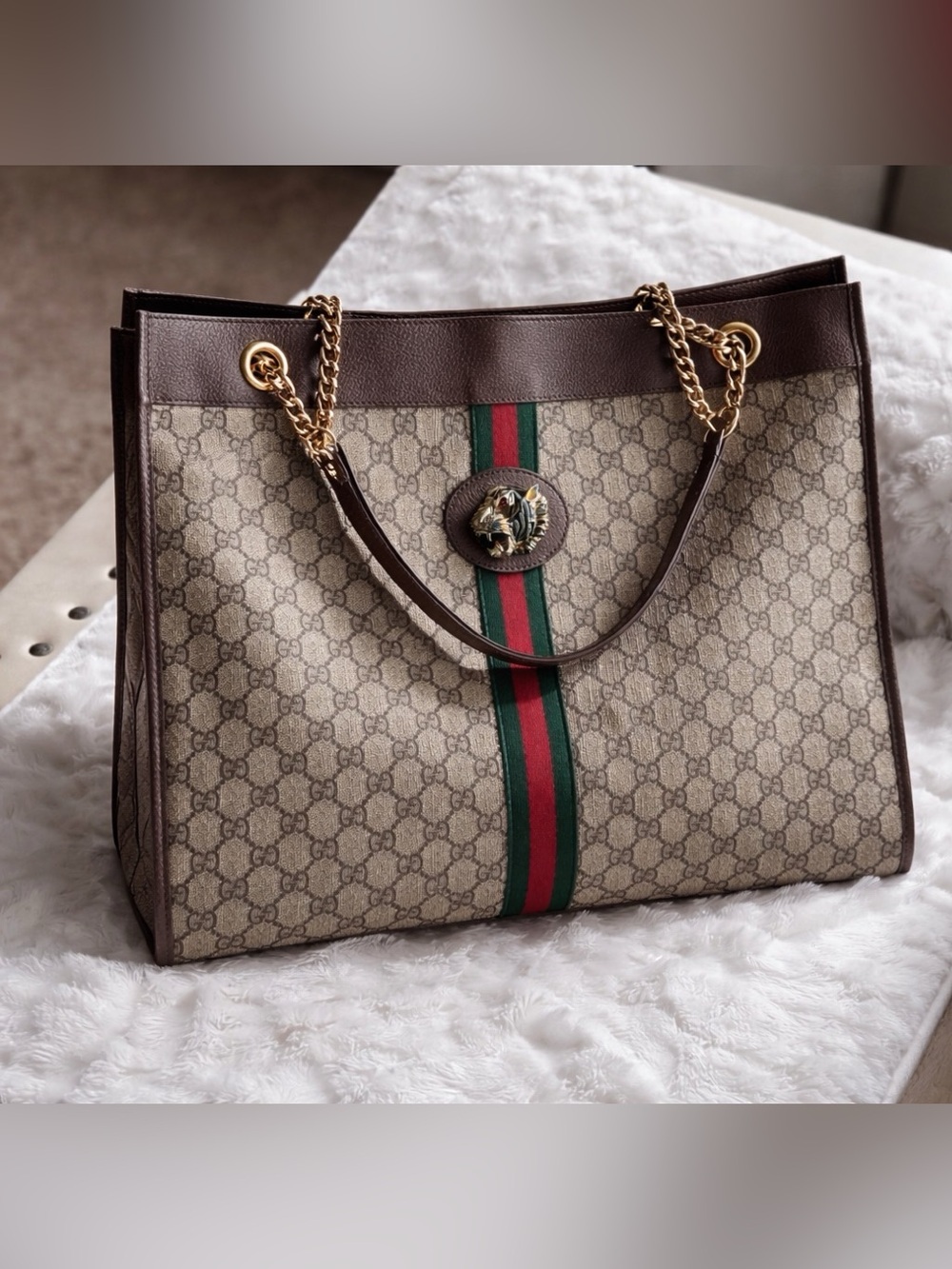Gucci Beige GG Supreme Tote with Brown Trim and Green-Red Web
